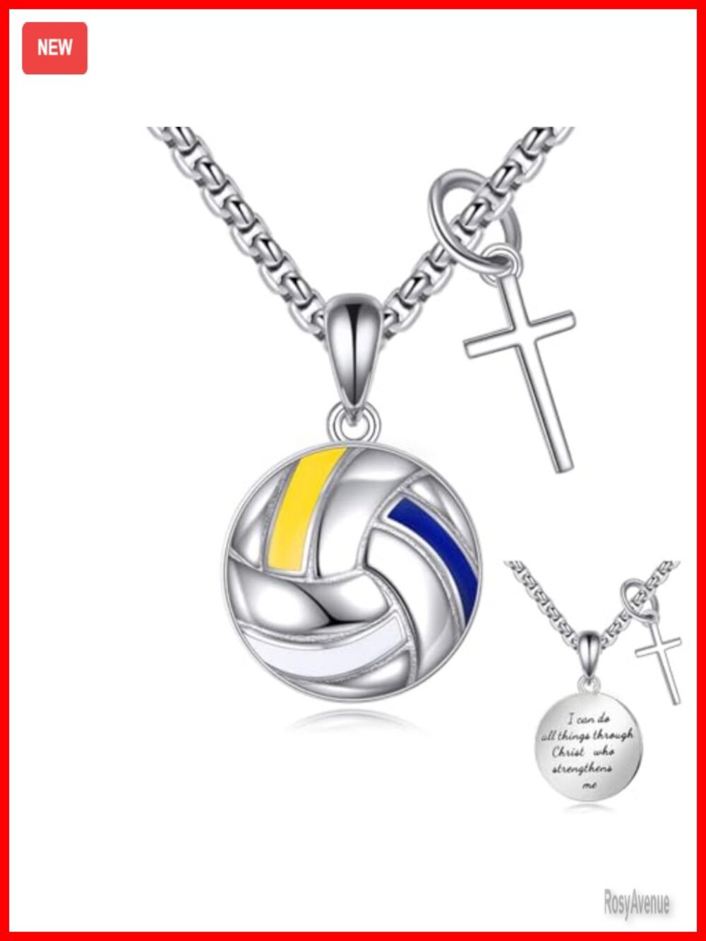 S925 Sterling Silver Volleyball Cross Pendant Necklace Sports Gift
